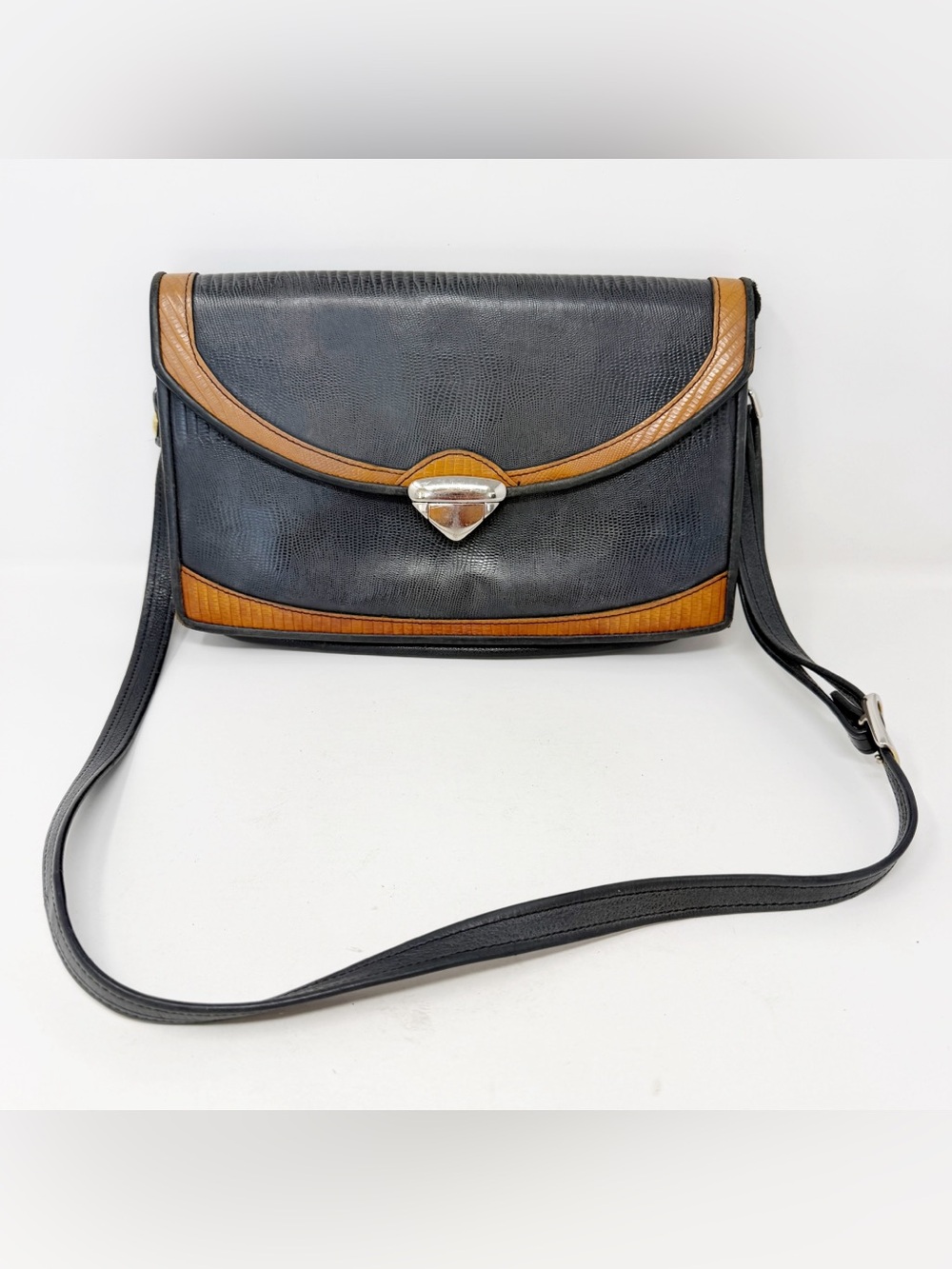 Vintage Roche Leather Crossbody Bag Navy Blue Brown Flap Shoulder Purse